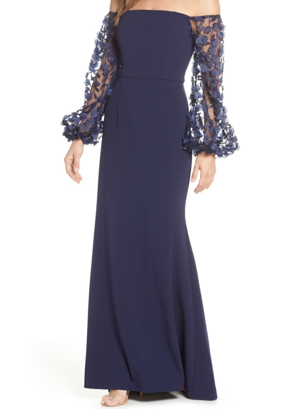 Eliza‎  - Floral Appliqué Long Sleeve Off-the-Shoulder Gown